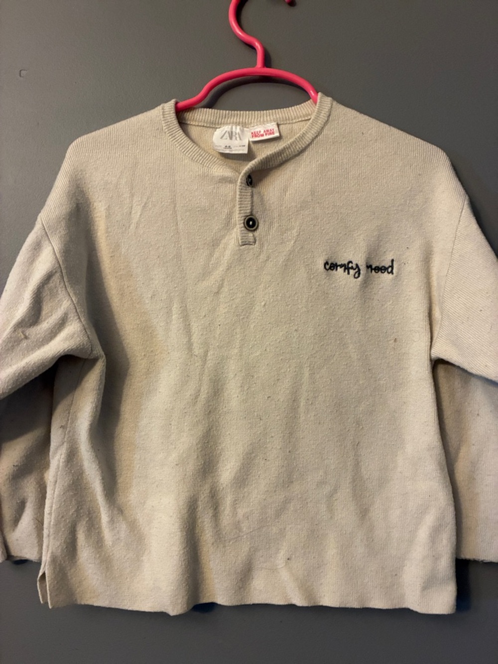 Zara Cream Long Sleeve Henley Sweater with Black Embroidery